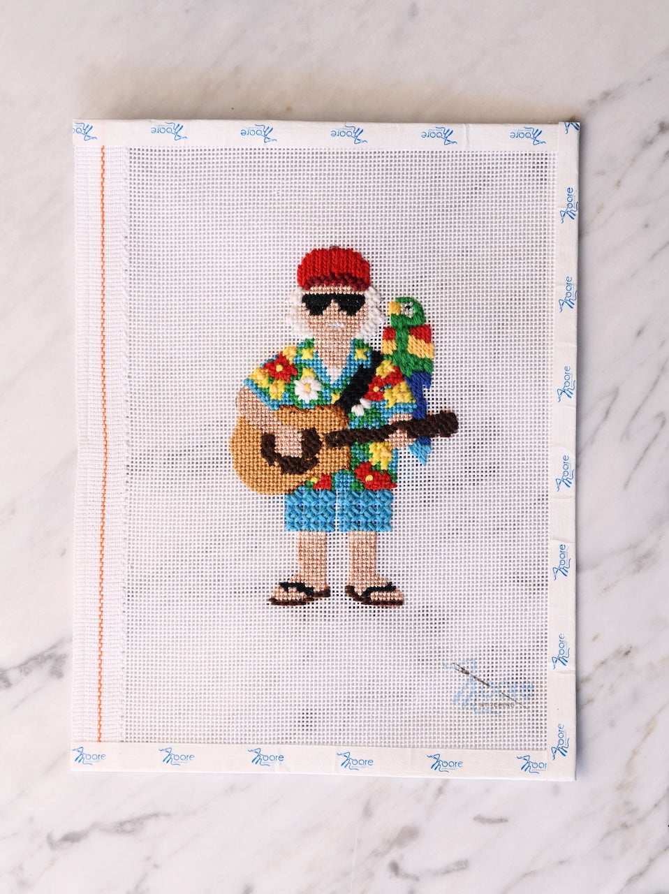 Cross-stitched picture of a person playing guitar with a parrot on his shoulder on a white background