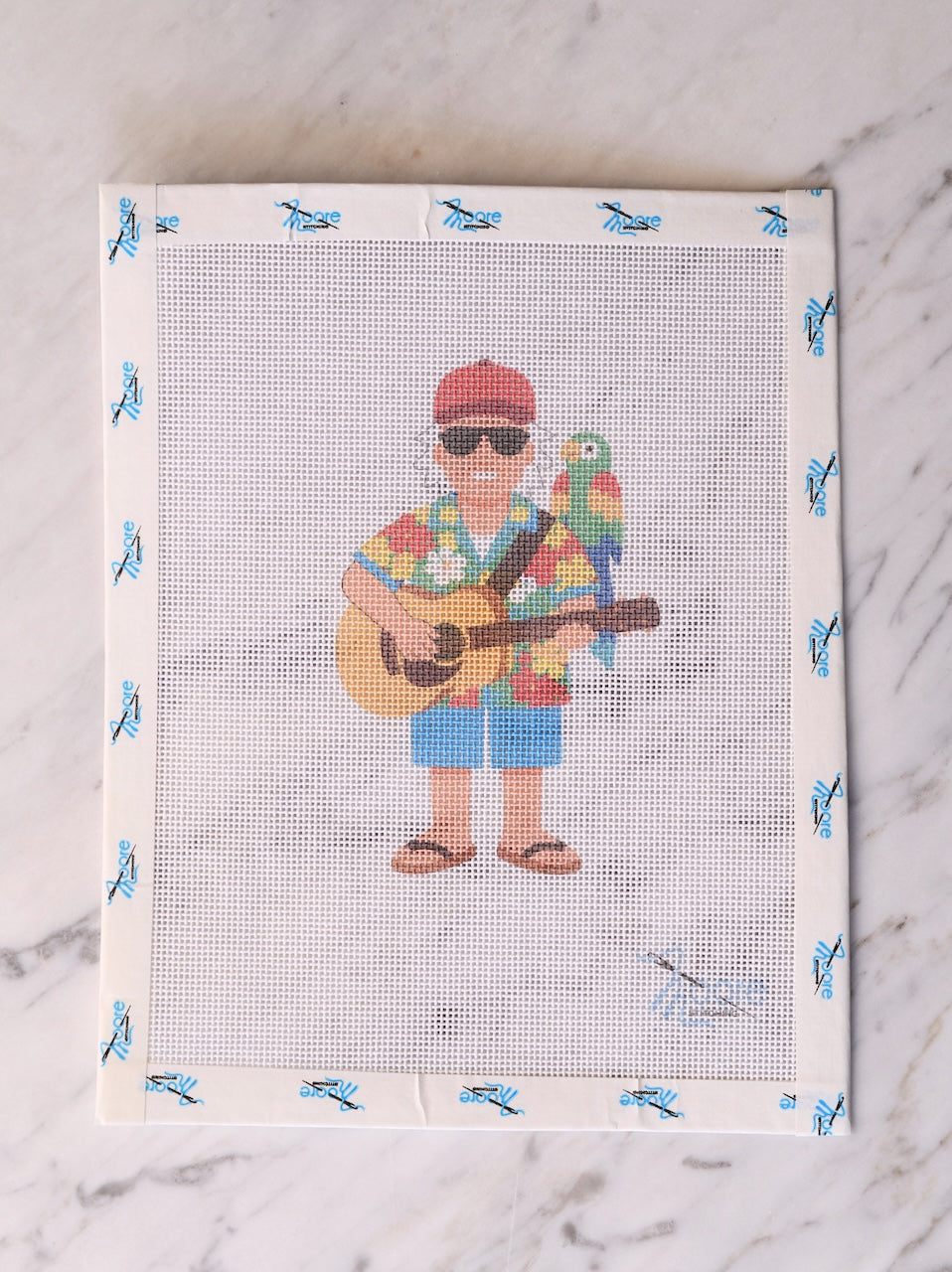 Screen print with a person playing guitar and a parrot on a white background