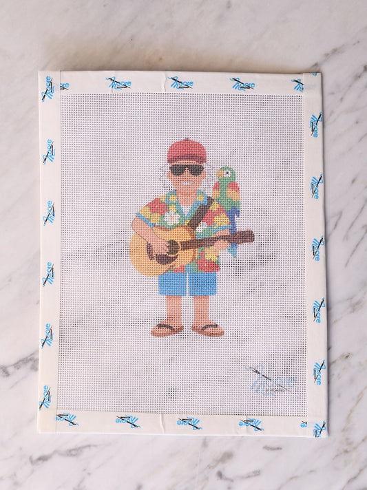Screen print with a person playing guitar and a parrot on a white background